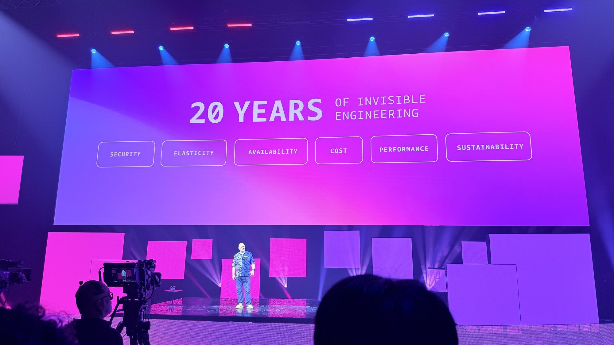 The AWS Summit Sydney keynote stage with a giant screen reading “20 years of invisible engineering”.