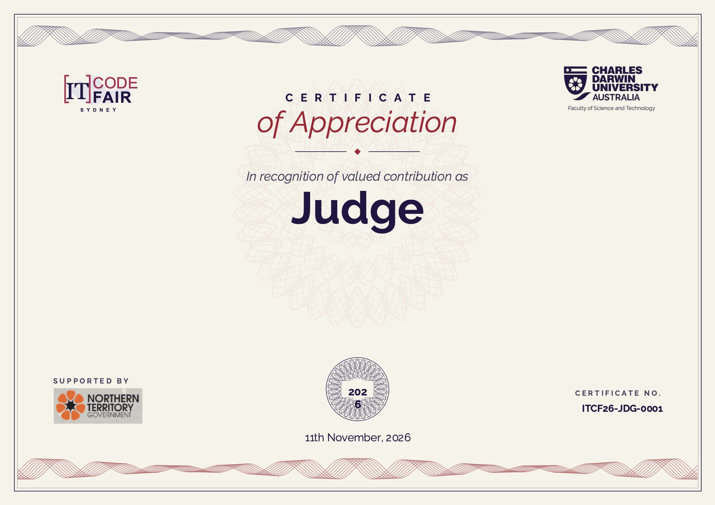 IT Code Fair certificate of appreciation for a judge, with the bracket mark and CDU crest.