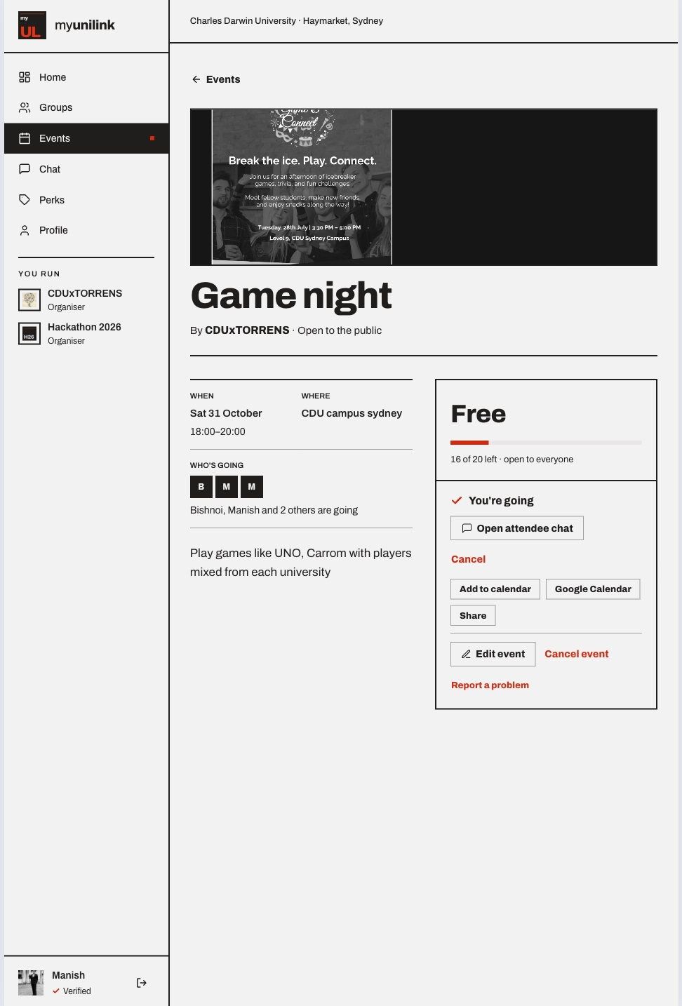 A MyUniLink event page for a game night.