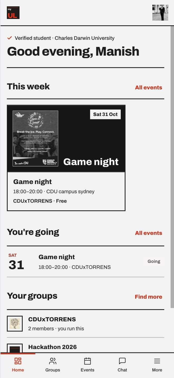 MyUniLink home feed on a phone, showing this week’s events.