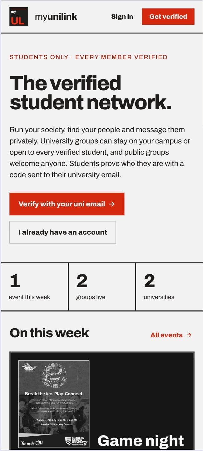 MyUniLink landing page on a phone.