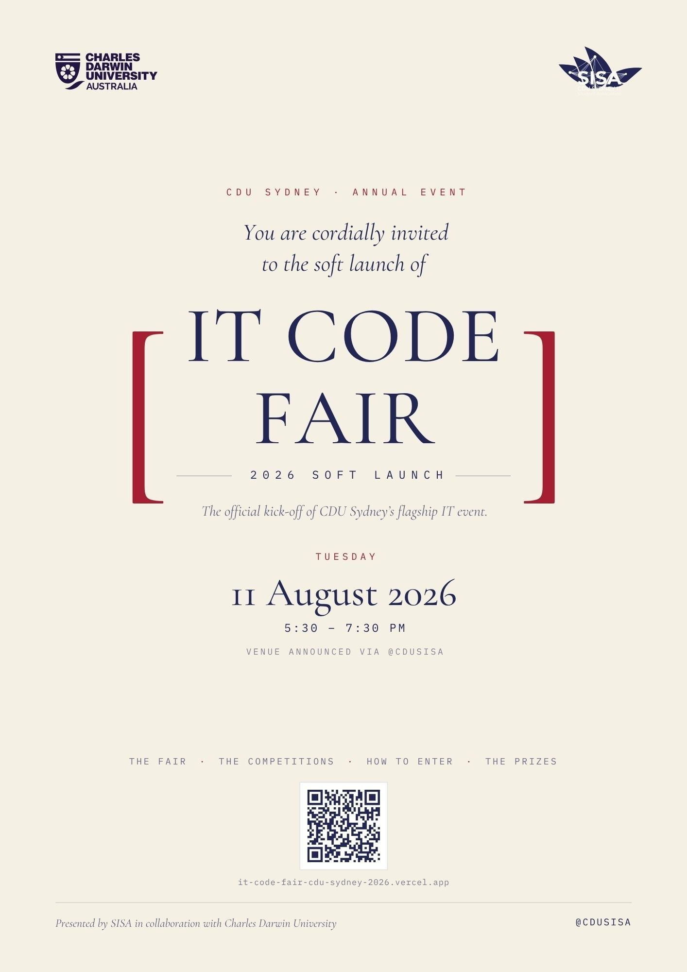 IT Code Fair 2026 soft-launch invitation: navy serif type framed by crimson square brackets on cream.