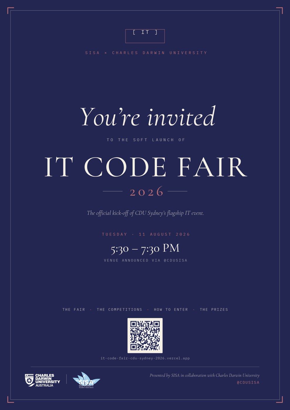 IT Code Fair soft-launch poster, version 2: Navy serif.
