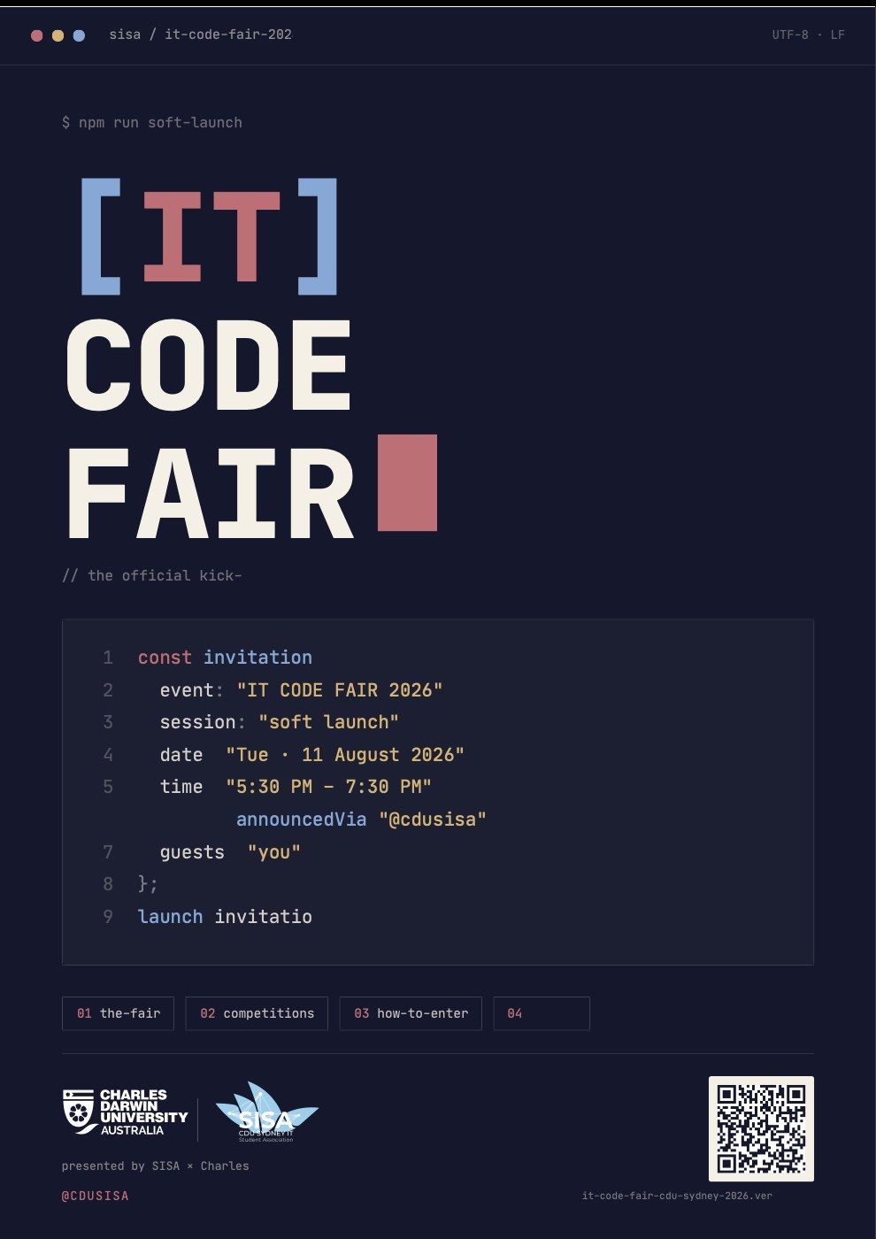 IT Code Fair soft-launch poster, version 3: Code block.