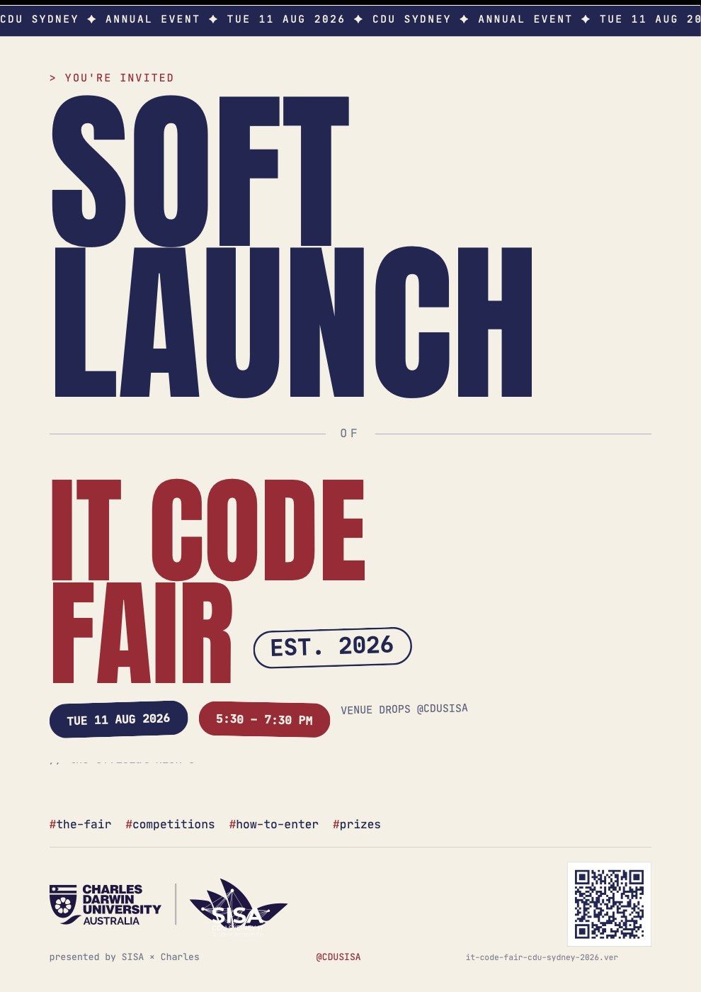 IT Code Fair soft-launch poster, version 5: Big type, two colours.