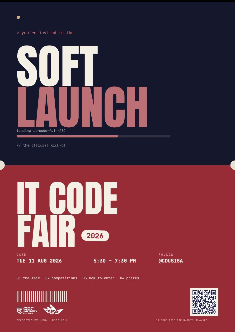 IT Code Fair soft-launch poster, version 6: Split navy and crimson.