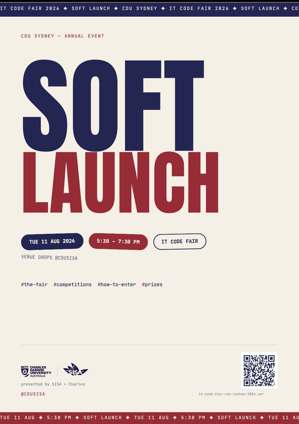 IT Code Fair soft-launch poster, version 7: Big type on cream.