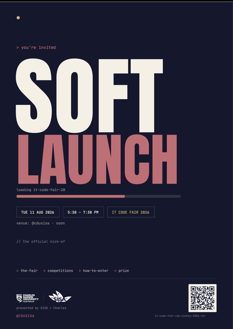 IT Code Fair soft-launch poster, version 8: Big type on navy.