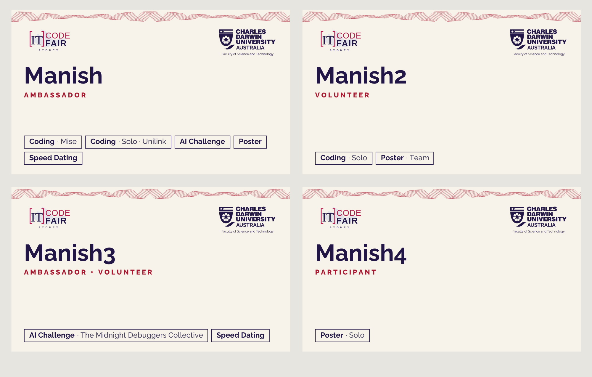Name tag exploration: Chips. Shipped. Role in colour under the name; every competition a small chip.