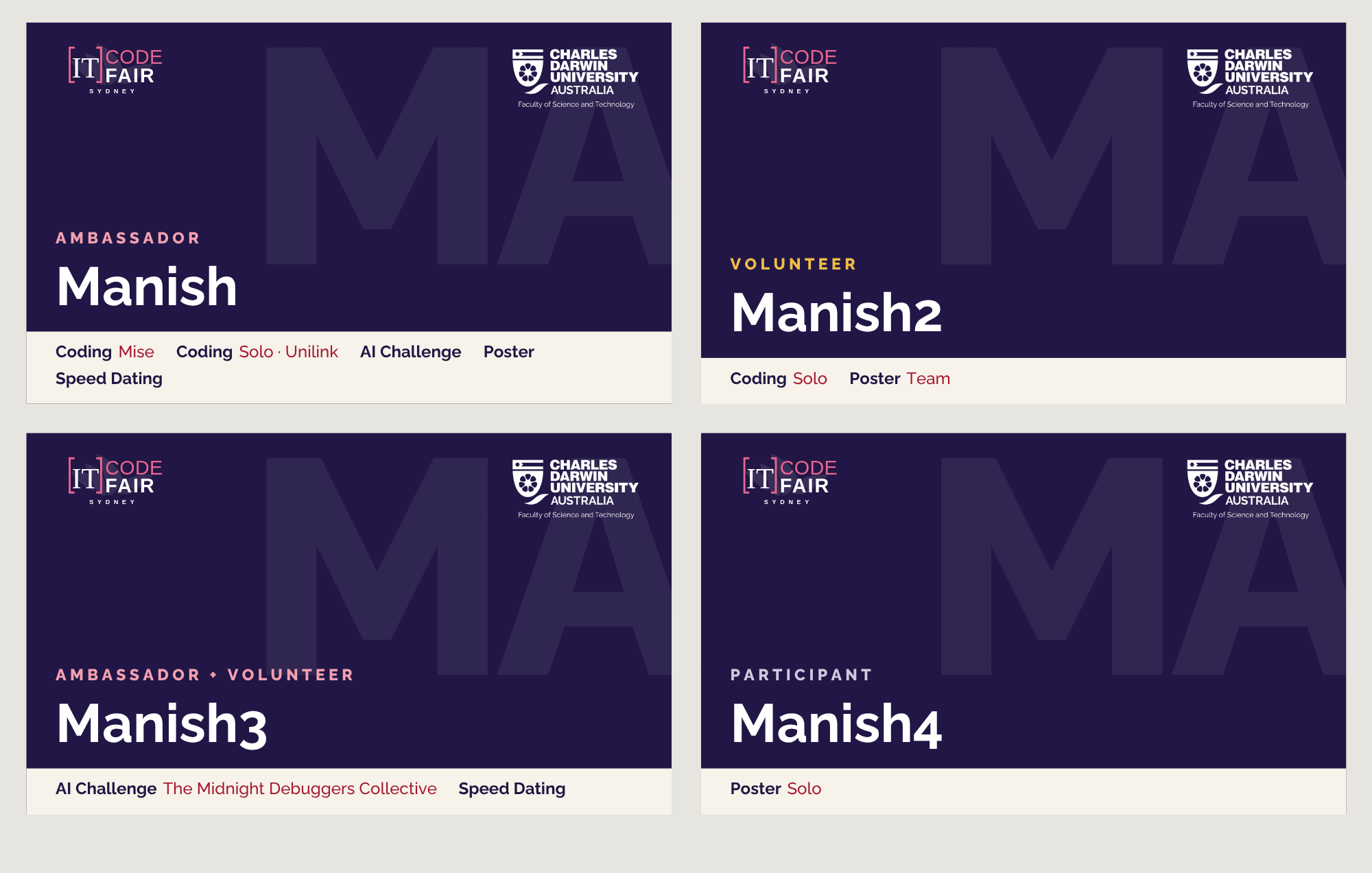 Name tag exploration: Monogram. The monogram on CDU purple for contrast.