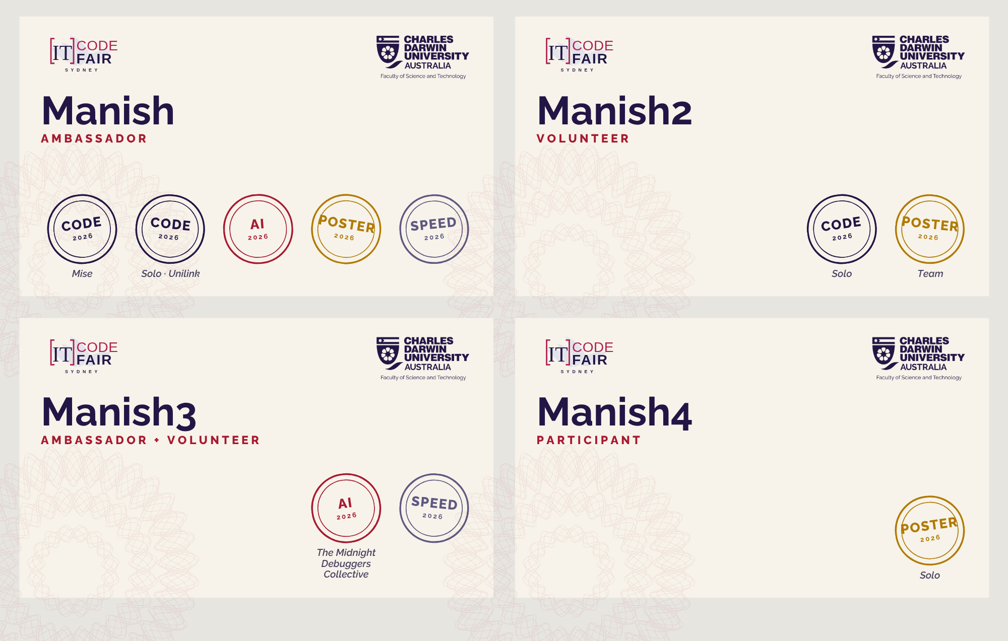 Name tag exploration: Passport stamps. One coloured stamp per competition, team name beneath.